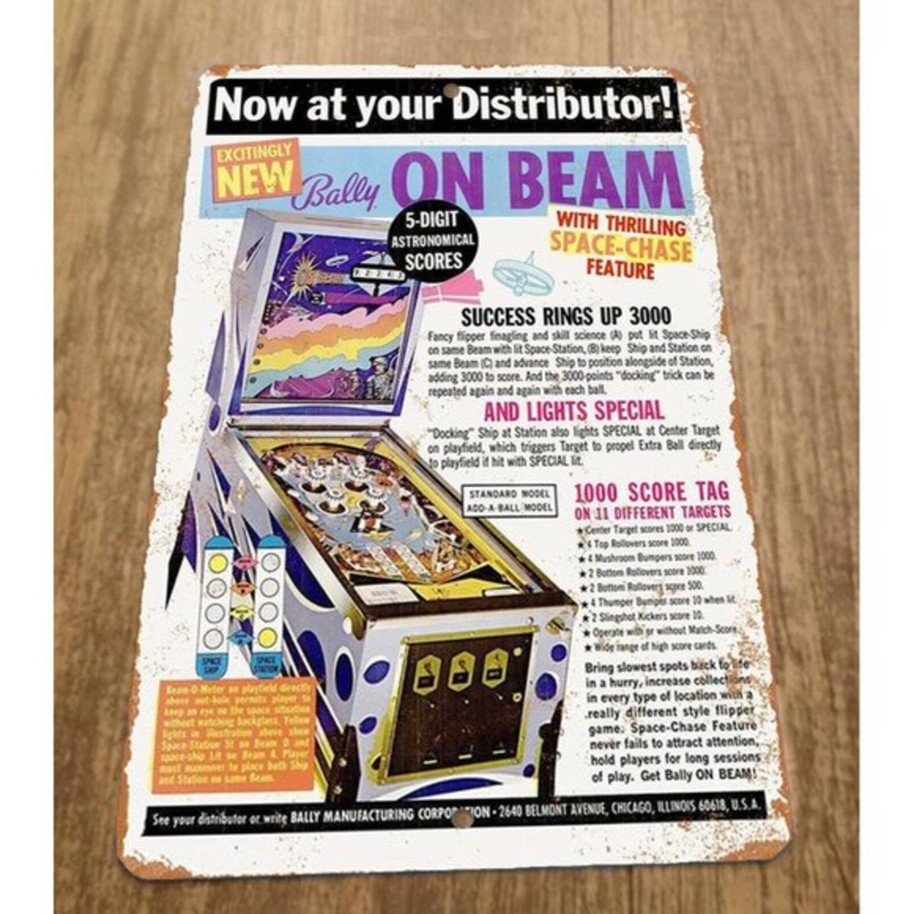 Bally on Beam Pinball Machine Vintageβ Arcade Game Room 8x12 Metal Wall Sign